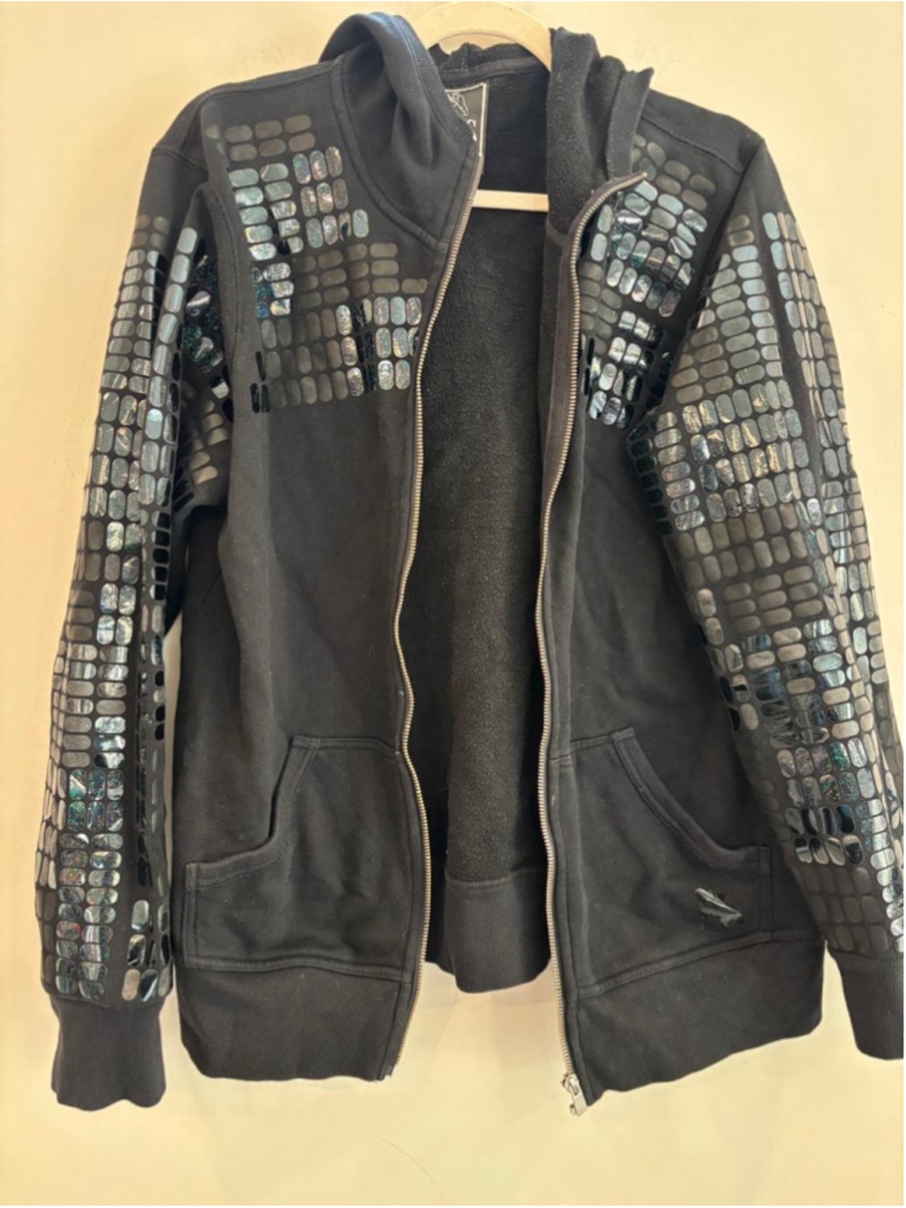 PRPS Goods & Co Black Holographic Embellished Zip Hoodie Jacket L #S27